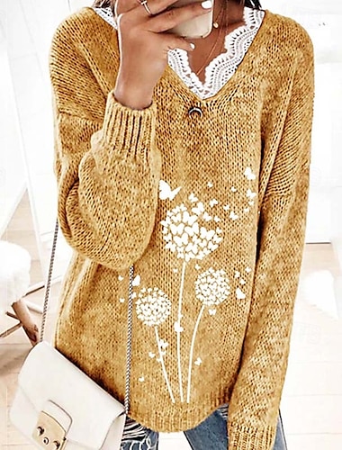  Mujer Suéter de punto Elegante Casual Suave Mariposa Croché Escote en Pico De Punto Ajuste de encaje Manga Larga Tejer Exterior Diario Noche Amarillo Gris Otoño Invierno