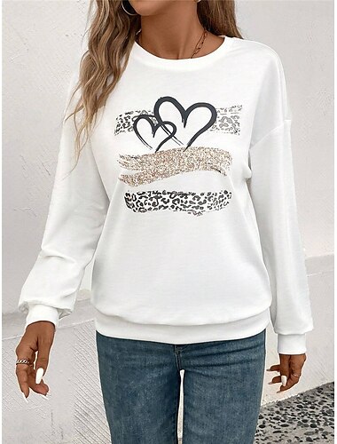  Damen-Sweatshirt mit Herz-Leoparden-Print, Street-Style, Alltagskleidung, modisch, lässig, Rundhalsausschnitt, lange Ärmel, mikroelastisch, Herbst/Winter, bequem, atmungsaktiv, weicher Stoff