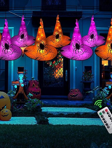  8 stks halloween gloed heksenhoed afstandsbediening buiten boom hangende lichten 40 led batterij aangedreven halloween feest tuin tuin balkon decoratie