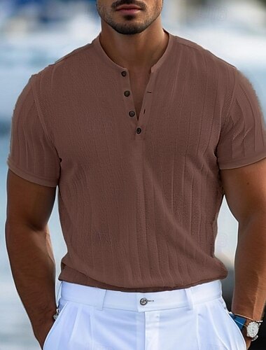  Herren Henley Hemd Kurzarmshirt Geripptes Strick-T-Shirt T-Shirt Kurzarm Einfarbig Täglich Hawaiianisch Knöpfe Henley Outdoor Straße Lässig Sommer Hellblau Weiß Braun Henley T-Shirt