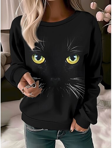  Sudadera con capucha para mujer, estilo callejero, con estampado de gato, para uso diario, a la moda, informal, cuello redondo, manga larga, microelástica, para otoño e invierno, cómoda,