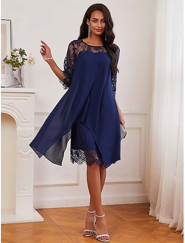  robe d'invitée de mariage pour femme robe unie robe midi dentelle mousseline patchwork décontracté col rond manches 3/4 robes de cocktail robes formelles couleur bleue