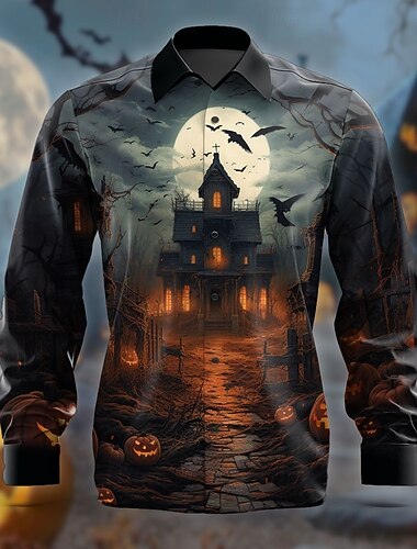  Halloween Orrore Per uomo Camicia con bottoni Manica lunga Da sera Autunno Inverno Primavera estate Colletto Stampa 3D Sottile Nero Poliestere