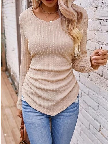  maglietta da donna casual manica lunga top regolari scollo a V quotidiano rosa verde cachi grigio chiaro primavera autunno