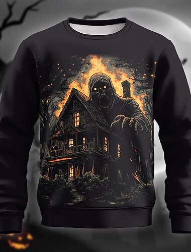  Geist Haus Herren 3D 3d Drucken Sweatshirt Pullover Halloween Urlaub Ostern Halloween Sweatshirts Schwarz Rundhalsausschnitt Rundhalsausschnitt Winter Frühling & Herbst Designer Kapuzenpullover