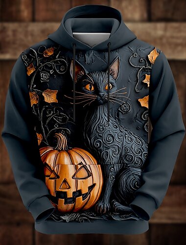  Katze Kürbis Herren Modisch 3D-Druck Hoodie Sweatshirt Kapuze Halloween Hoodies Grau Mit Kapuze Tasche 3D-Druck Herbst Winter Designer Kapuzenpullover