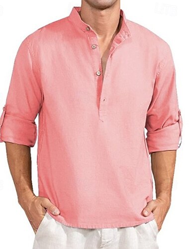  Herren Hemd Hemd mit chinesischem Kragen Hemd mit Stehkragen Popover-Shirt Sommerhemd Lässiges Hemd Weiß Rosa Grün Kaki Leicht Blau Langarm Glatt Kragen Urlaub Hawaiianisch Bekleidung Modisch