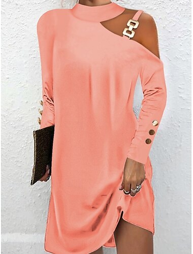  Damen Schlichtes Kleid Minikleid Taste Brautkleider schlicht Halfterhals Langarm Schwarz Rosa Blau Farbe