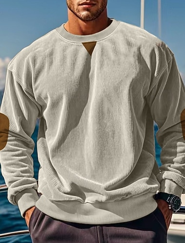  Herren Sweatshirt Aprikose Schwarz Armeegrün Fuchsie Braun Rundhalsausschnitt Farbblock Patchwork Gerippt Strukturiert Sport & Outdoor Täglich Ferien Cordstoff Streetwear Basic Lässig Herbst Winter