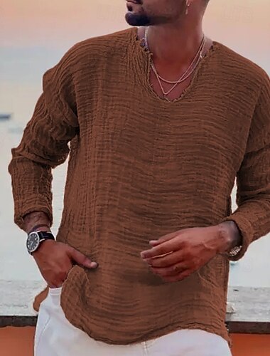  Homme Chemise Lin Chemisette Chemise d'été Tenues de plage Chemise décontractée Couleur unie Extérieur Plein Air Vin Gris Clair Gris manche longue Col V Printemps & Automne Vêtement Tenue