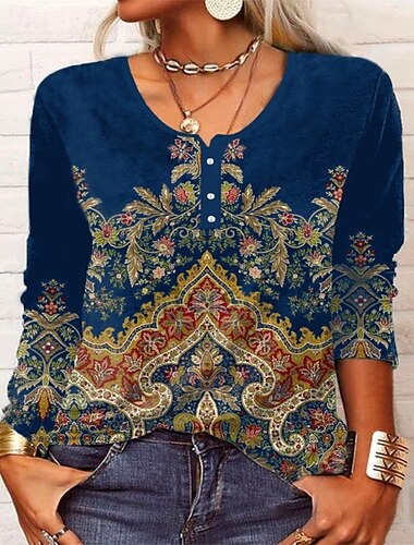  Damen T Shirt Blumen Modisch Langarm Rundhalsausschnitt Normale Oberteile Täglich Wochenende Knopf Bedruckt Schwarz Wein Blau Grün Frühling & Herbst