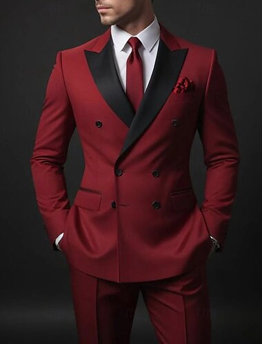  Conjunto de Smoking Negro Rojo para Hombre Trajes de Fiesta Trajes de Regreso a Casa Color Sólido 2 Piezas Lujo Formal Ajuste Entallado Doble Botón Seis botones