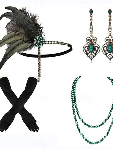  Szüret 1920-as évek A nagy Gatsby Flapper fejpánt Kiegészítő készlet Nyaklánc Fülbevaló Charleston Esküvői Vendég Toll Divat Női Álarcos mulatság Esküvői fogadás Lánybúcsú Fesztivál Felnőttek