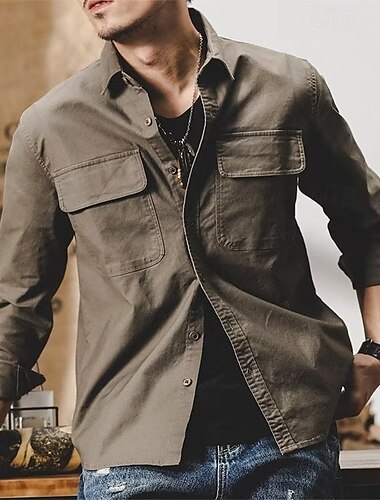  Homens Camisa Social Camisas de trabalho camisa de botão Camisa de carga Verde Caqui Manga Longa Tecido Lapela Férias Feriado Bolso frontal Roupa Moda Casual Confortável