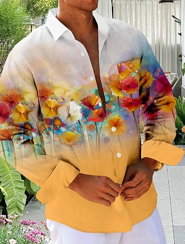  Homme Fleuri Chemise de Plage Chemise Boutonnée manche longue Hawaïen Vacances Quotidien Automne Hiver Printemps & Été Chemises à Col Impression 3D Jaune Bleu Violet