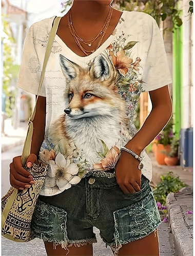  Damen T-Shirt stilvoll lässig Print Kurzarm normale Oberteile V-Ausschnitt Alltag Khaki Sommer