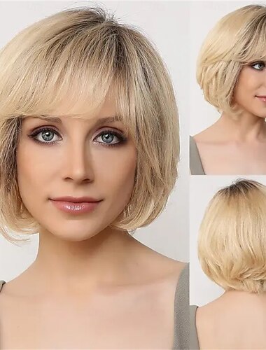  人間の髪のブレンド かつら ショート ナチュラルストレート ピクシーカット サイドパート レイヤード・ヘアカット アシメントリー・ヘアカット ブラウン コスプレ カーラー＆ストレートナー ナチュラルヘアライン キャップレス ブラジリアンヘア 女性用 フリーサイズ ブラック / ブロンド 14 インチ パーティー クリスマスギフト デイリーウェア