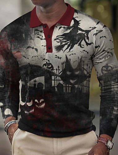  Halloween Hexe Grusel Herren Waffel-Poloshirt Golfpolo Langarm Partyabend Frühling Herbst Winter Taste Kragen Schwarz Mikro-elastisch Polyester