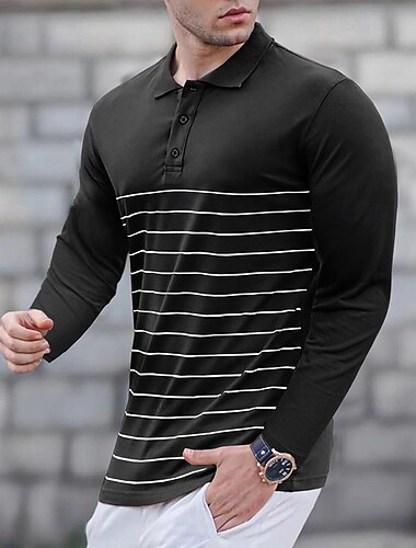  Herren Golfhemd Golfpolo Arbeit Casual Kargen Langarm Basic Modern Streifen Taste Frühling & Herbst Regular Fit Wein Schwarz Armeegrün Königliches Blau Khaki Grau Golfhemd