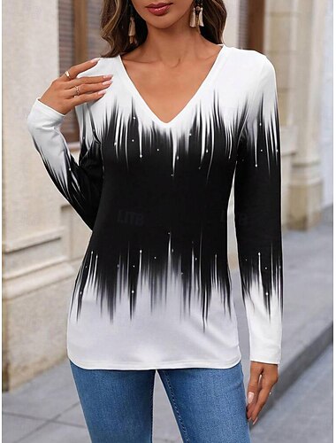  Damen T-Shirt lässig Farbblockdruck Langarm normale Oberteile V-Ausschnitt Alltag schwarz Frühling&amp;  fallen