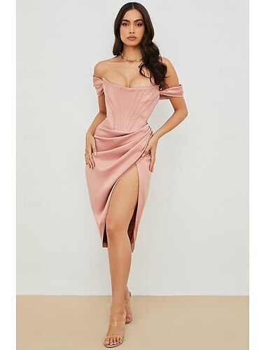  Etui-Cocktailkleid, elegantes Urlaubs-Homecoming-Kleid, knielang, ärmellos, schulterfrei, Satin mit Falten, Schlitzkleid zum Beeindrucken, Maskenballkleid 2025