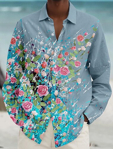  Herren Blumen Strandhemd Knopfhemd Langarm Hawaiianisch Brautkleider schlicht Urlaub Täglich Herbst Frühling Sommer Hemden mit Kragen 3D-Druck Weiß Rosa Blau Purpur Grün