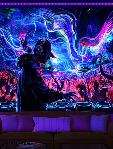  Tapisserie à lumière noire réactive aux UV qui brille dans le noir, décoration murale pour salon, chambre à coucher, festival de musique, DJ, psychédélique, trippante et brumeuse