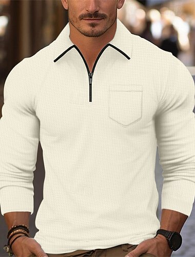  Ανδρικά Βάφλα Πόλο Μπλουζάκι Quarter Zip Polo Καθημερινά Αργίες Τρίμηνο φερμουάρ Μακρυμάνικο Μοντέρνα Σκέτο Μπροστινή τσέπη Άνοιξη & Χειμώνας Κανονικό Μαύρο Λευκό Βαθυγάλαζο Ανοικτό Γκρίζο Μπεζ