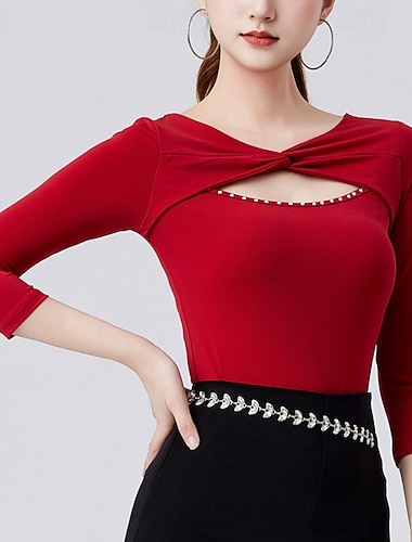 Latinské tance Vrchní deska Čistá Barva Barevně dělené Křišťály / Bižuterie Dámské Výkon Trénink 3/4 délka rukávu Vysoký Polyester