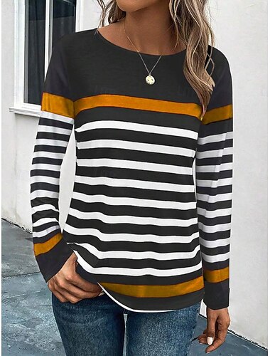  Damen T-Shirt Casual Print Langarm Normal Oberteile Rundhals Alltag Schwarz Blau Orange Frühling Herbst
