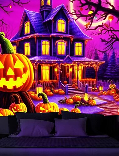  Halloween-Dekorationen, Schwarzlicht-Wandteppich, Kürbisse, Halloween-Bäume, UV-reaktiv, im Dunkeln leuchtend, Party, psychedelisch, trippig, neblig, Wandteppich zum Aufhängen, Wandkunst, Wandbild