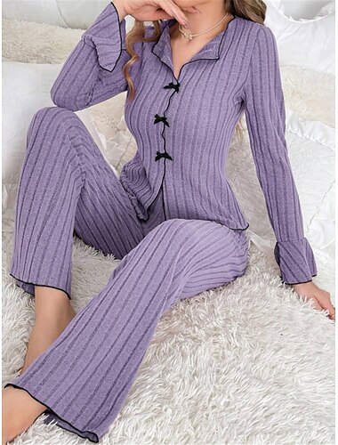  Damen-Pyjama-Sets in reiner Farbe, modisch, bequem, für zu Hause, für den Alltag, gestrickt, atmungsaktiv, V-Draht, langärmelig, Pullover, Hose, elastische Taille, Herbst-Winter-Home-Outfits
