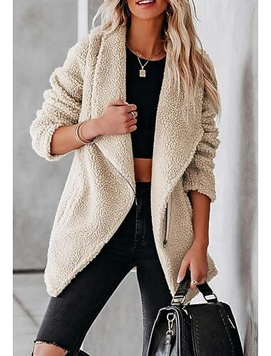  Dames Fleecejack Teddy jas Houd Warm Ademend Vetoketju Zak Casual Street Style Effen Vakantie Straat Alledaagse kleding Uitgaan Rits Strijkijzer Ruim Passend Lange mouw bovenkleding Zwart Wit Licht
