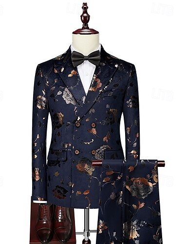  Czarne męskie garnitury z nadrukiem garnitury na powroty do domu outfit imprezowy wieczorowe garnitury żakardowe kwiatowe 2-częściowy luksusowy retro vintage dostosowane dopasowanie jedno-guzikowy