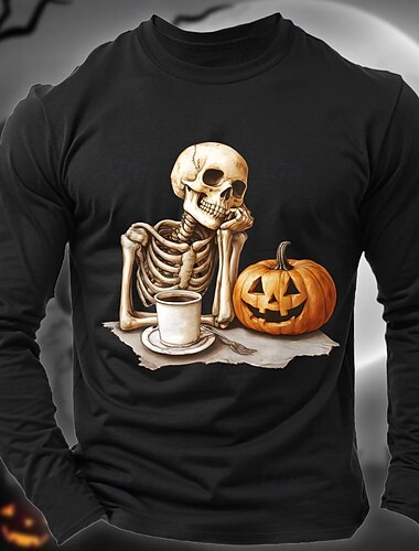  Totenkopf Motiv Kürbis Halloween Dunkelgrau meliert Schwarz Wein T Shirt Herren Grafik 100% Baumwolle Hemd Sport Klassisch Hemd Langarm Bequemes T-Shirt Sommer Herbst Modedesigner-Kleidung S M L XL