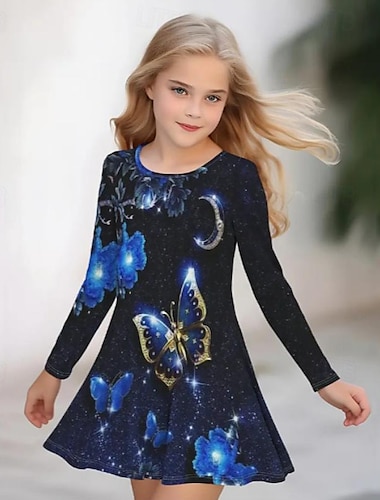  ragazze' 3D Pop art Farfalla Vestito Manica lunga Estate Primavera Da mare Giornaliero Per eventi Da principessa Bellissimo Dolce Bambino 4-12 anni Abito casual Abito linea A Al ginocchio Standard