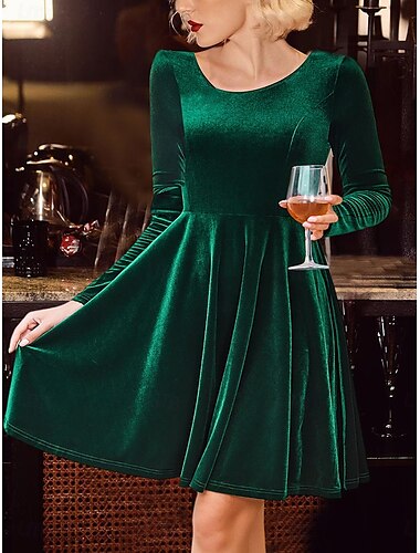  Damen Arbeitskleidung schwarzes kleid Schwarzes Cocktailkleid Modisch B¨¹ro Weihnachten Halloween Minikleid Design Rundhalsausschnitt Langarm Glatt Regular Fit Schwarz Rote Grün Frühling Herbst S M L