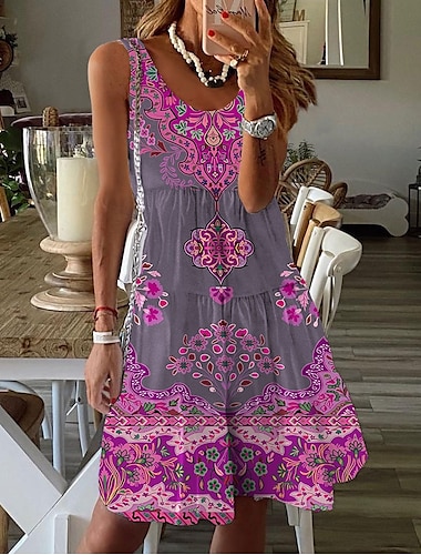  Damen Mini Kleid Petite Kleid Sonnenkleid Shift Kleid Tank Kleid Aktive Tropische Mode Outdoor Urlaub Ausgehen Reguläre Passform Floral Ärmellos U-Ausschnitt Pink Blau Orange Sommer Frühling