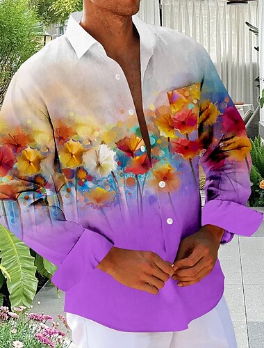  Herren Blumen Strandhemd Knopfhemd Langarm Hawaiianisch Urlaub Täglich Herbst Winter Frühling Sommer Hemden mit Kragen 3D-Druck Gelb Blau Purpur