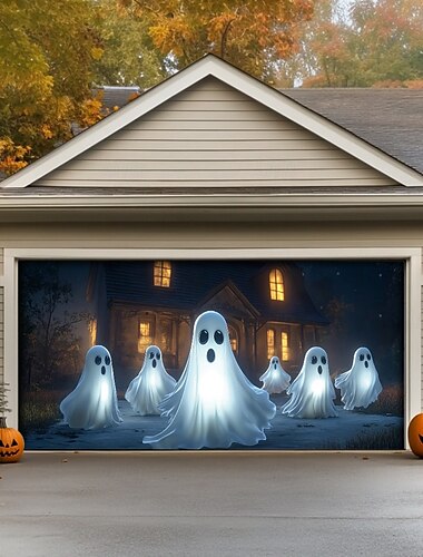  Halloween-Türdekorationen für draußen, Halloween-Garagentorabdeckung, Geister-Banner, Kürbisskelett, große Außenkulisse, Dekoration für den Urlaub, Garagentor für draußen, Wanddekoration für Zuhause