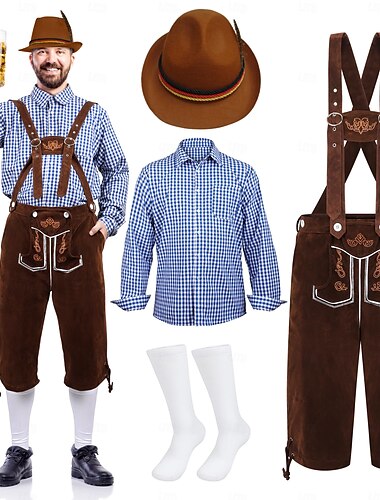  Oktoberfest Costume Lederhosen Chemise Chapeau alpin Bavarois Bavarois Allemand Munich Prairies Homme Tissu de style traditionnel Chemisier Shorts Chapeau