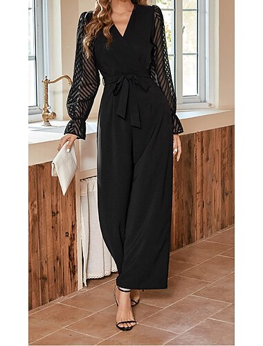  Mujer Normal Mono Elegante Color sólido Manga Larga Perneras anchas Escote en Pico Malla Retazos Oficina Trabajo Delgado Negro Otoño