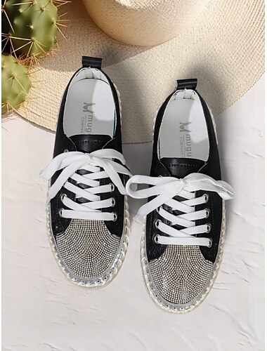  Femme Basket Chaussures bling-bling Chaussures de confort Extérieur du quotidien Voyage Plateau Bout rond Mode Décontractées Confort Paillette Cuir PU métallisé Lacet Argent Noir Blanche