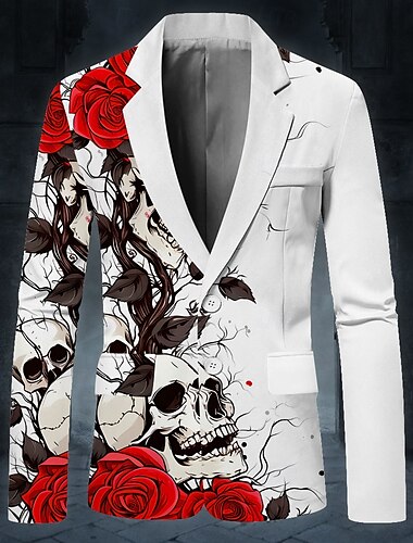 Rose Totenkopf Motiv Grusel Herren Mantel Blazer-Jacke warm halten Atmungsaktiv Komfortabel Partyabend Taste 3D-Druck Multi Pocket Regular Fit Herbst Winter Umlegekragen Langarm Schwarz Weiß Rote S M