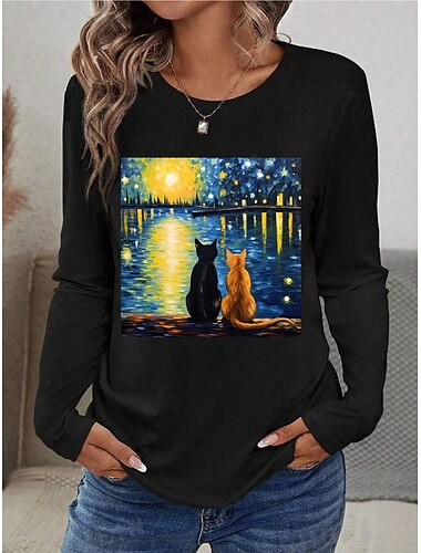  Women's T shirt Cat Print 100% Cotton Tee Daily Fashion Basic Long Sleeve Black Spring & Fall