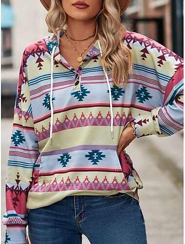  Damen Kapuzenpullover Sweatshirt lässig geometrisch Alltagskleidung Rundhals Langarm gelb rosa blau grün Herbst Winter