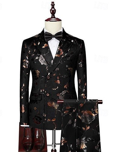  Schwarz Herren Print-Anzüge Heimkehr-Anzüge Outfit Party Abendanzüge Jacquard Floral 2-teilig Party Luxus Retro Vintage tailliert einreihig Ein-Knopf Dunkelmarine