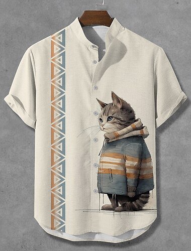  Herren Katze Knopfhemd Kurzarm Lustig Urlaub Sommer Frühling Stehkragen Opa Kragen 3D-Druck Beige