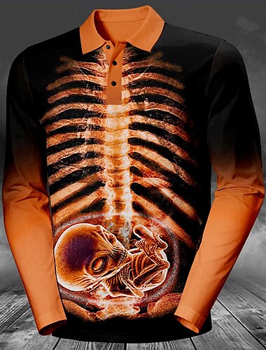  Halloween Totenkopf Motiv Grusel Herren Poloshirt Golfpolo Langarm Partyabend Frühling Herbst Winter Taste 3D-Druck Kragen Purpur Orange Grün Mikro-elastisch Polyester Milchfieber