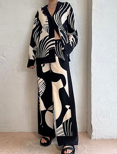  damset tryck mode komfort dagligen andas lapel långärmad skjorta byxknapp vår höst hem outfits